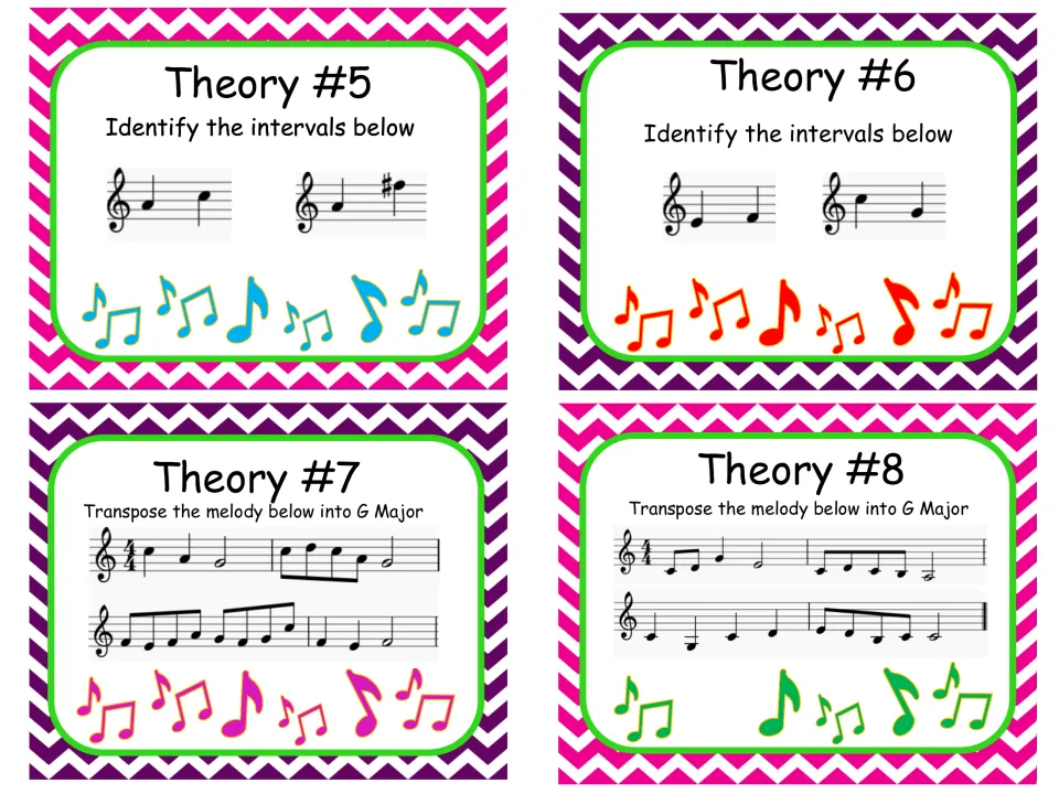 Theory cards 5-8: students identify intervals on treble staff pairs, then transpose two notated melodies into G major