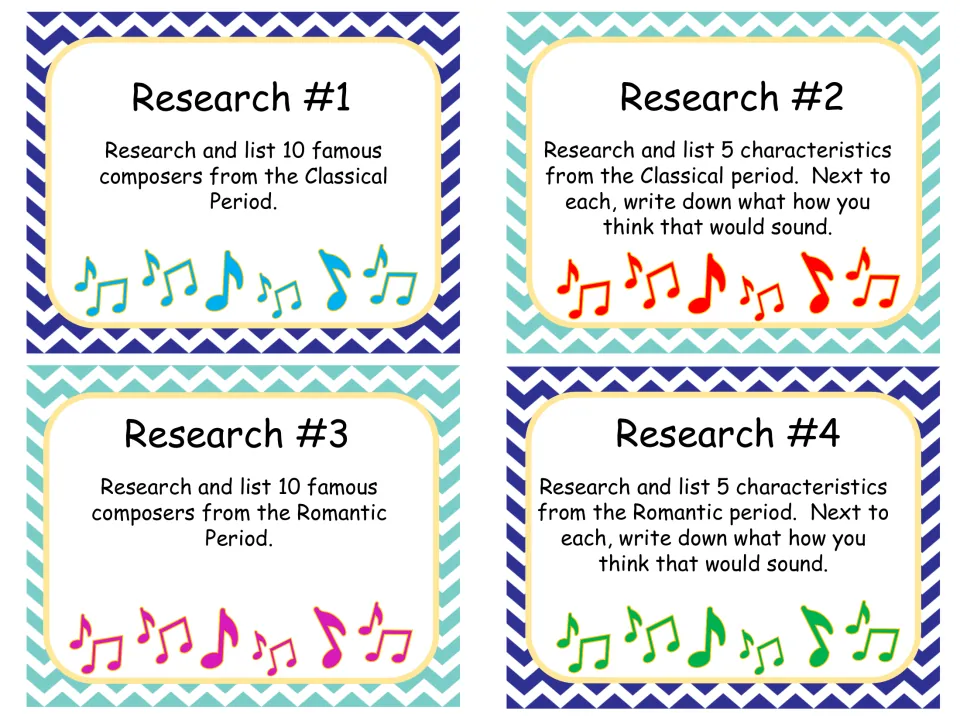 Research cards 1-4: students list 10 famous composers and 5 traits each for the Classical and Romantic periods