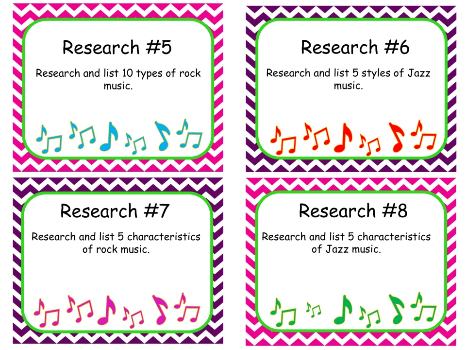 Research cards 5-8 on popular genres: students list 10 types of rock, 5 jazz styles and 5 characteristics of each genre