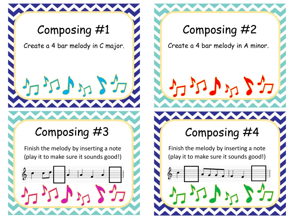Composing cards 1-4: students write 4-bar melodies in C major and A minor and fill missing notes in two staff melodies