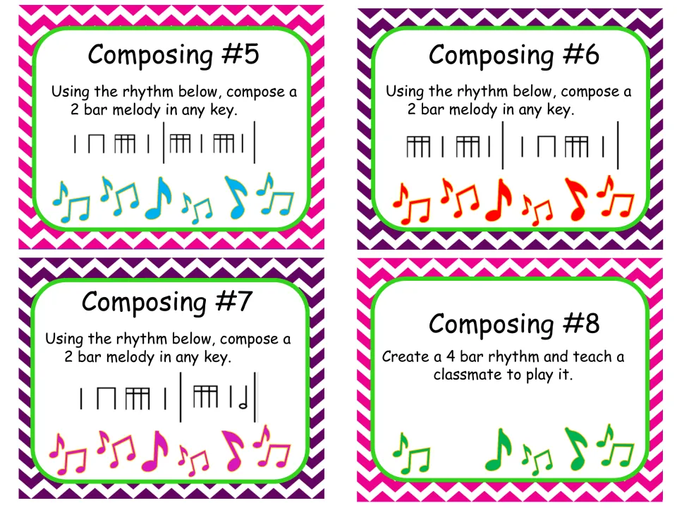 Composing cards 5-8: students set stick-notation rhythms to 2-bar melodies, then write a 4-bar rhythm to teach a peer