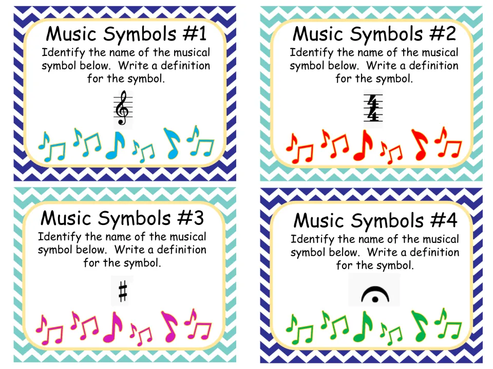 Music symbols cards 1-4: students name and define a treble clef, a 4/4 time signature, a sharp and a fermata