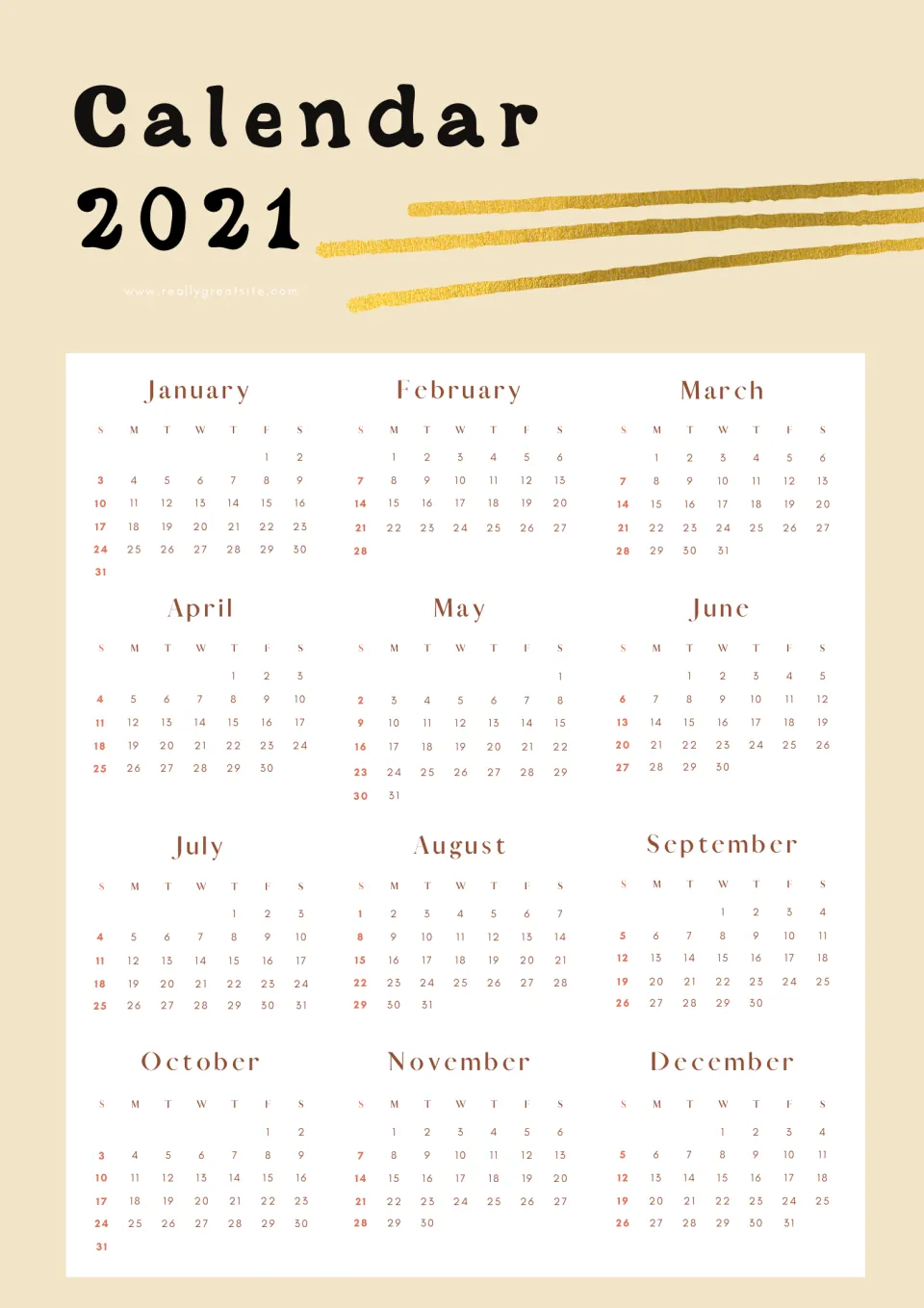 Calendar 2021 year view showing all twelve months, January through December, with Sundays highlighted in red