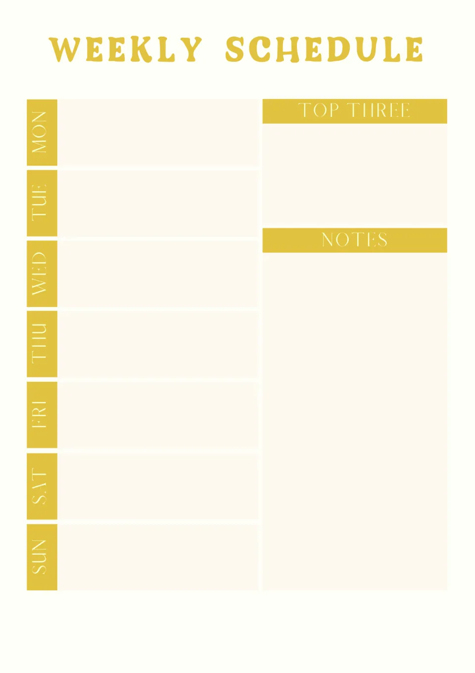 Weekly schedule with a writing space for each day Monday through Sunday plus Top Three and Notes sections