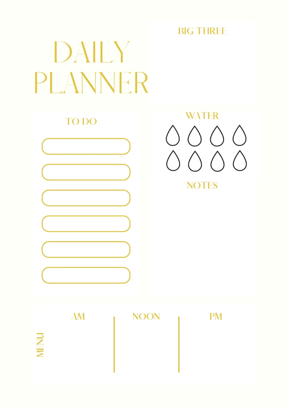 Daily planner with Big Three priorities, a six-item to-do list, eight water drops to track, notes and an AM-noon-PM menu