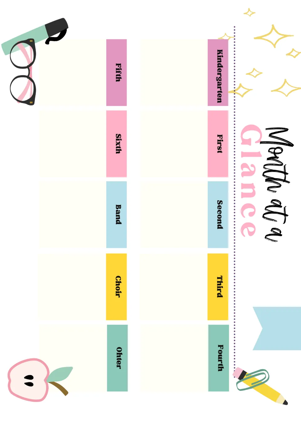 Month at a Glance, turned sideways: a planning space for each class from Kindergarten to Sixth, plus Band and Choir