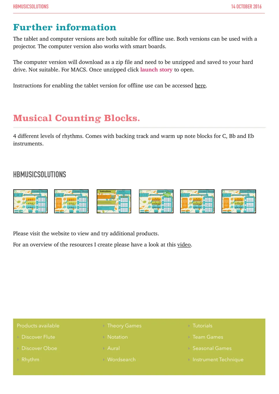 Setup notes on offline, projector and smart board use, a summary of 4 rhythm levels and six game screenshots