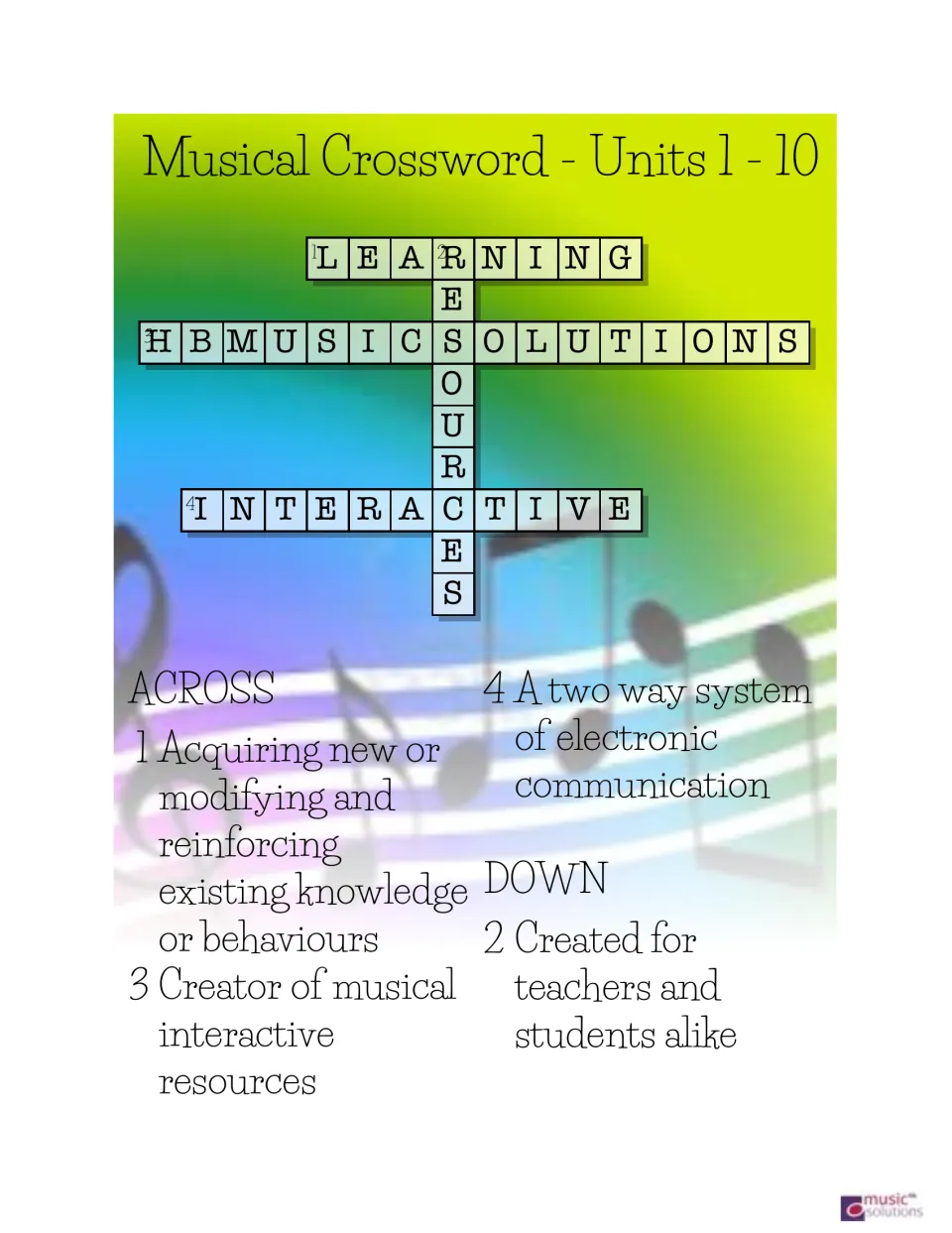 Music crossword bundle cover for Units 1–10, featuring learning, resources, interactive, and HB Music Solutions