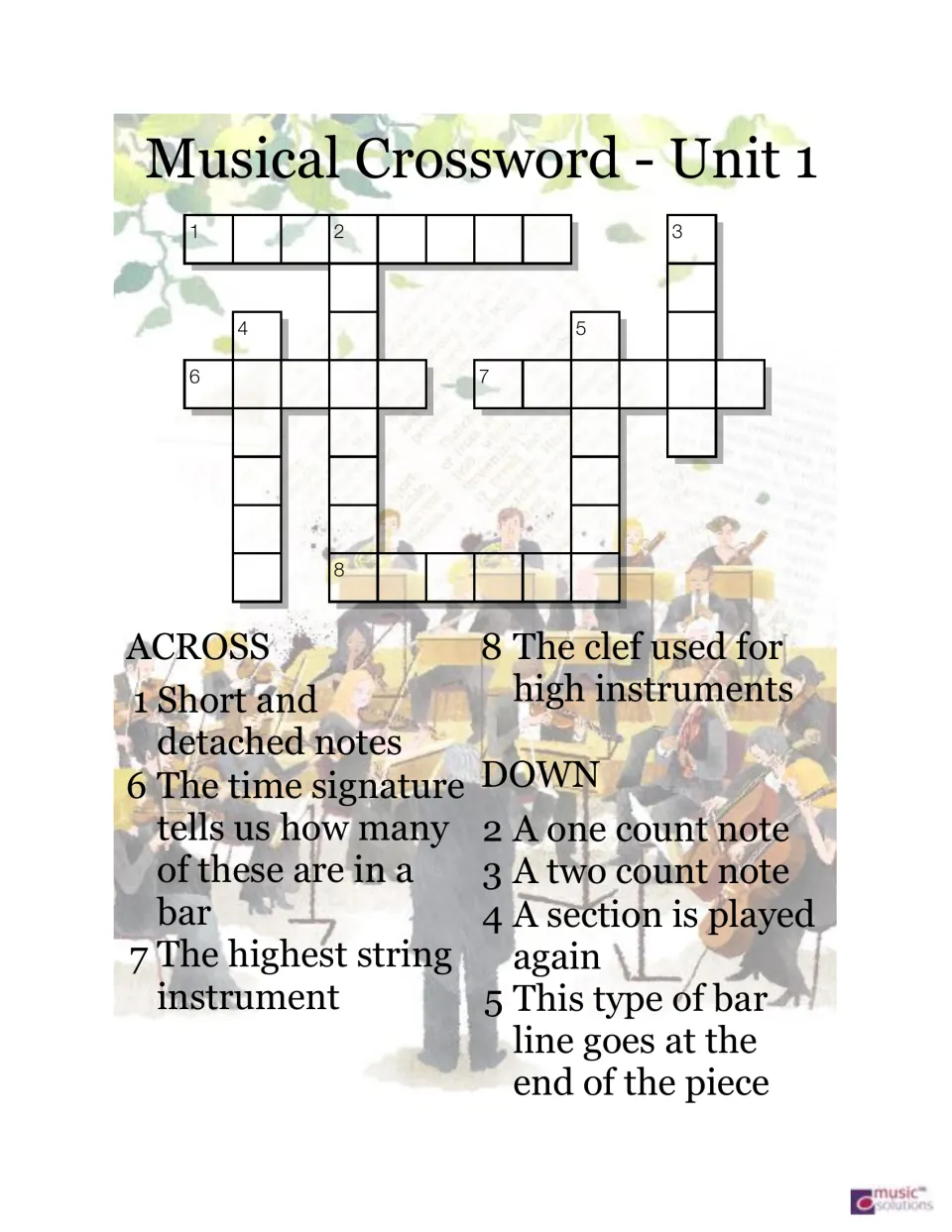 Unit 1 music crossword with eight clues about detached notes, beats per bar, string instruments, and clefs