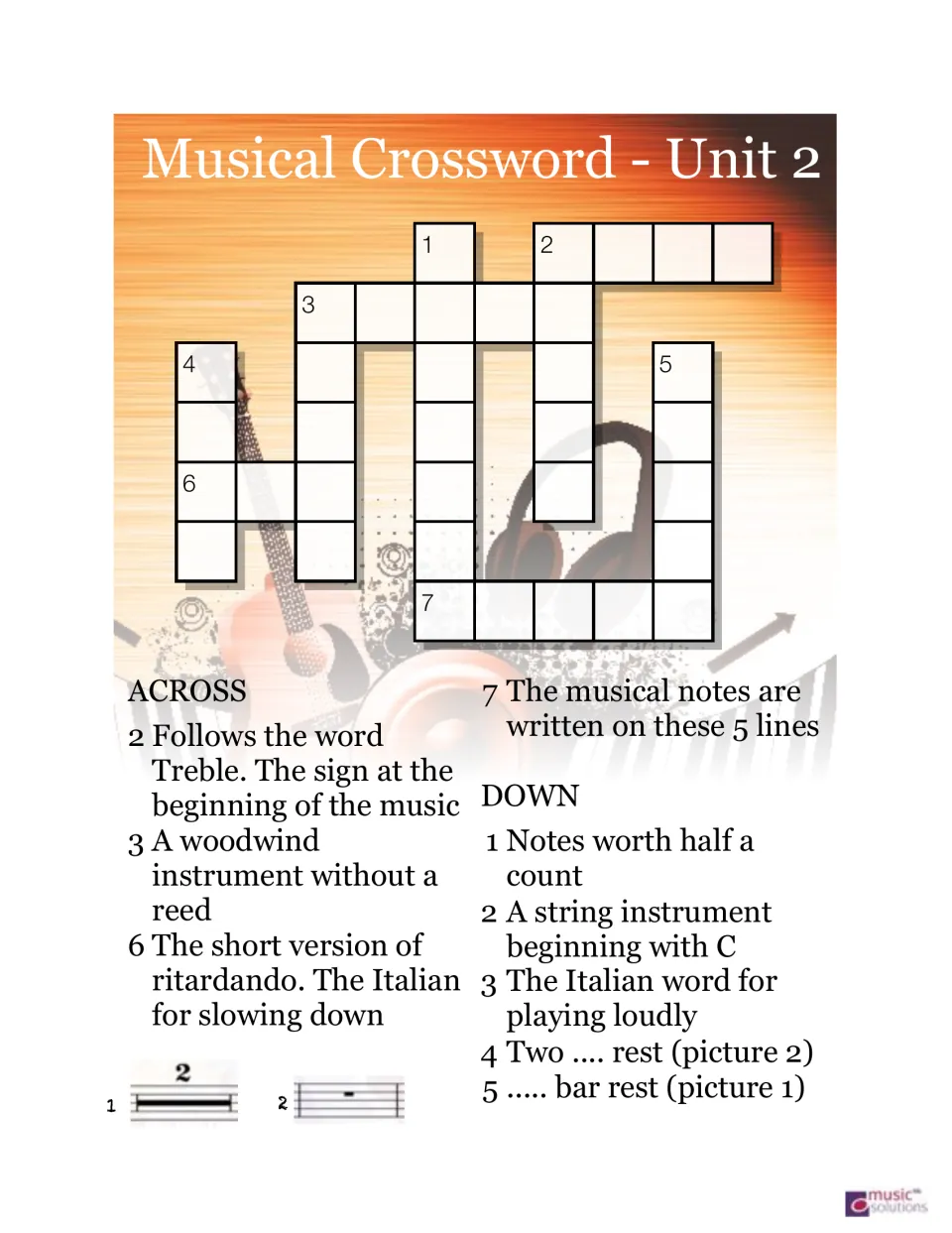 Unit 2 music crossword with eight clues about clefs, instruments, note values, rests, and Italian terms