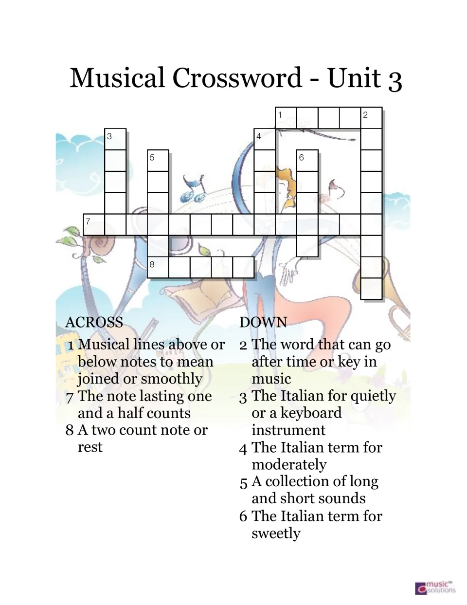 Unit 3 music crossword with eight clues about slurs, note lengths, signatures, rhythm, and Italian terms