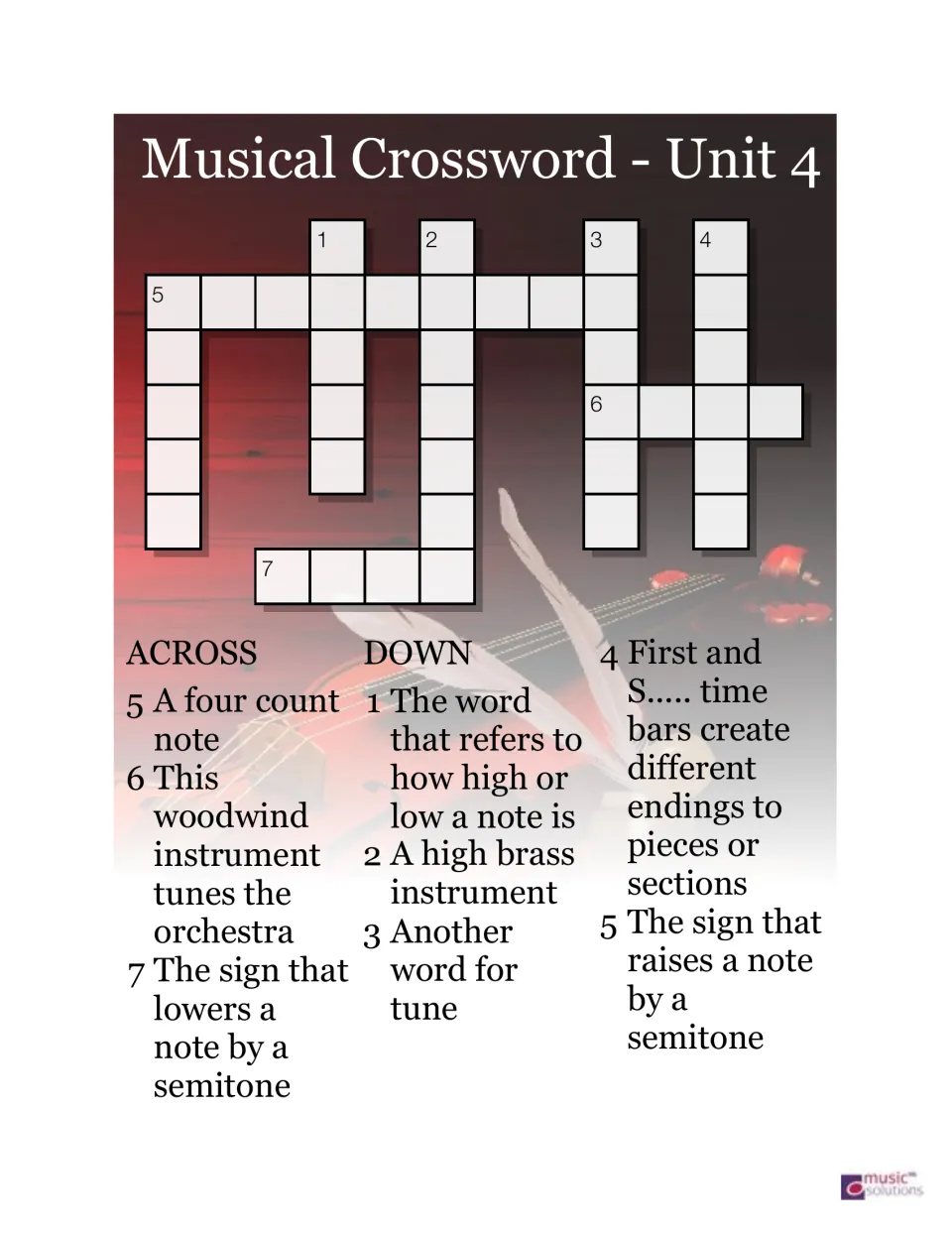 Unit 4 music crossword with eight clues about a four-count note, pitch, instruments, sharps, and flats