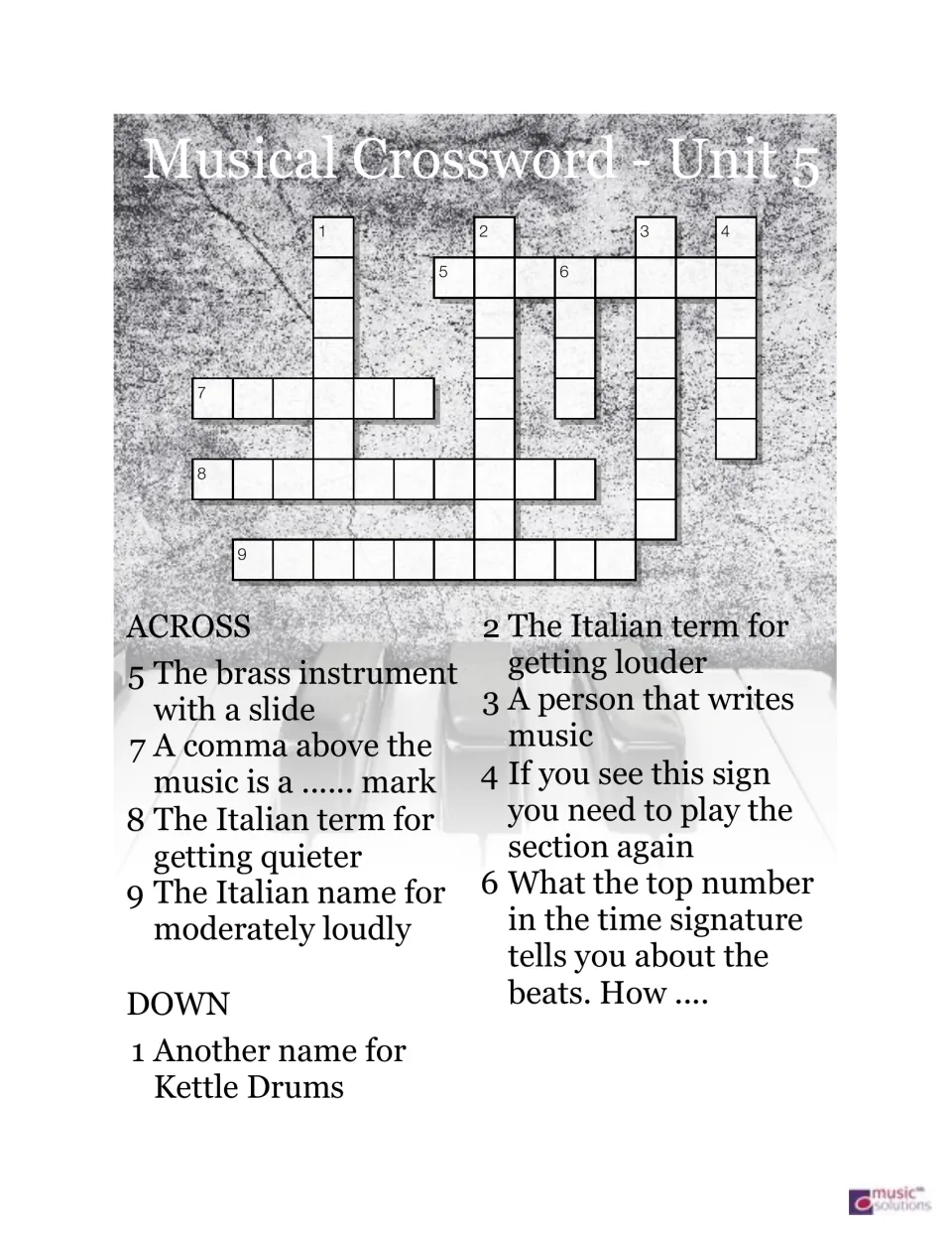 Unit 5 music crossword with nine clues about instruments, breath marks, dynamics, composers, and repeats