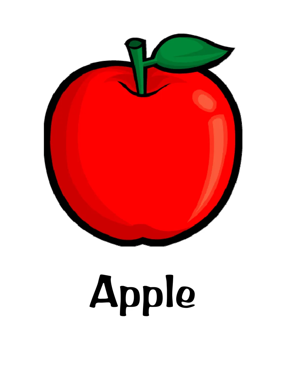 Apple flash card: a red apple with a green leaf shown above the printed word Apple for students to read and say aloud