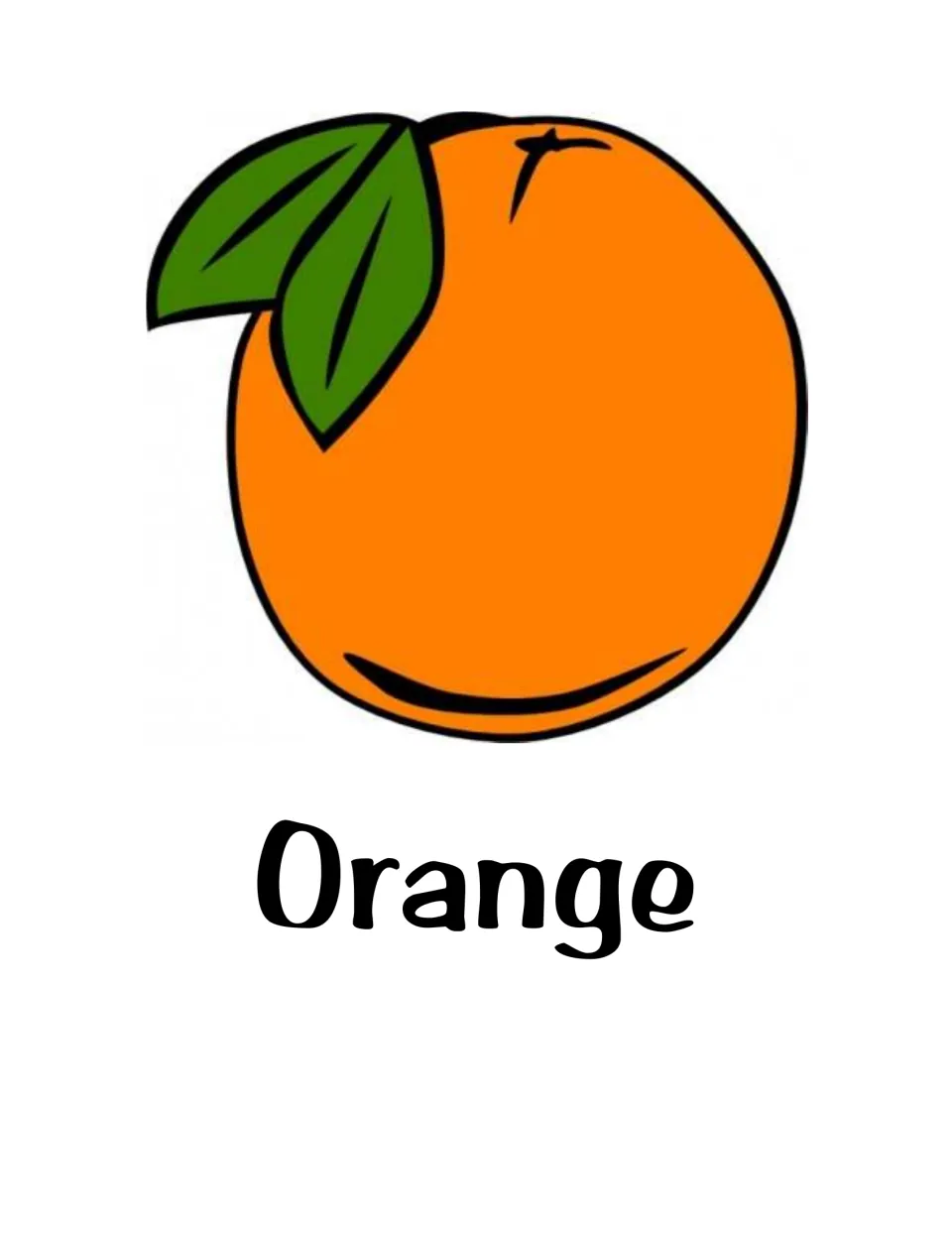 Orange flash card: an orange with two green leaves drawn above the word Orange for students to name aloud