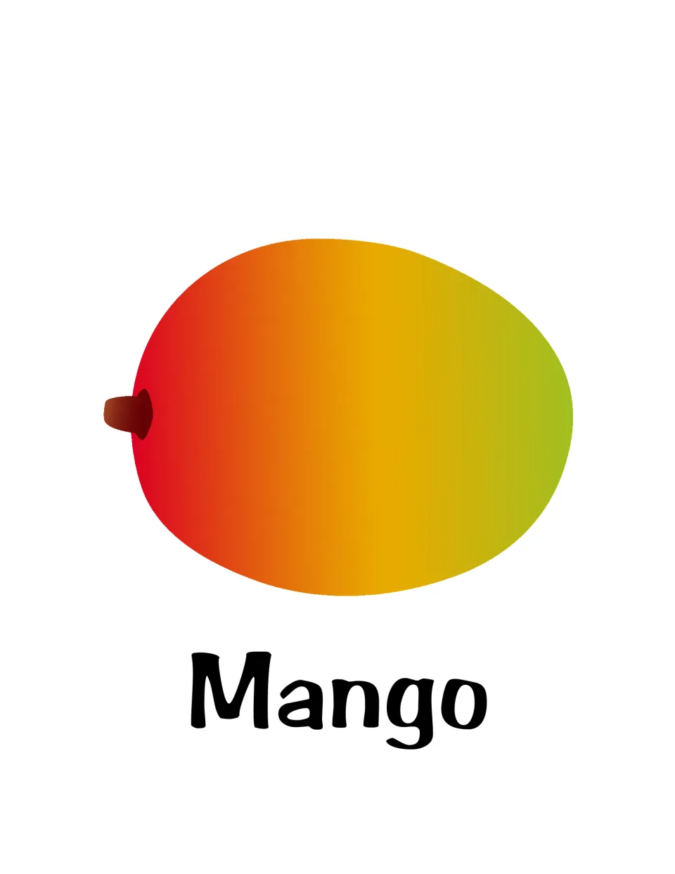 Mango flash card: a red-to-green shaded mango pictured above the label Mango for students to read and name