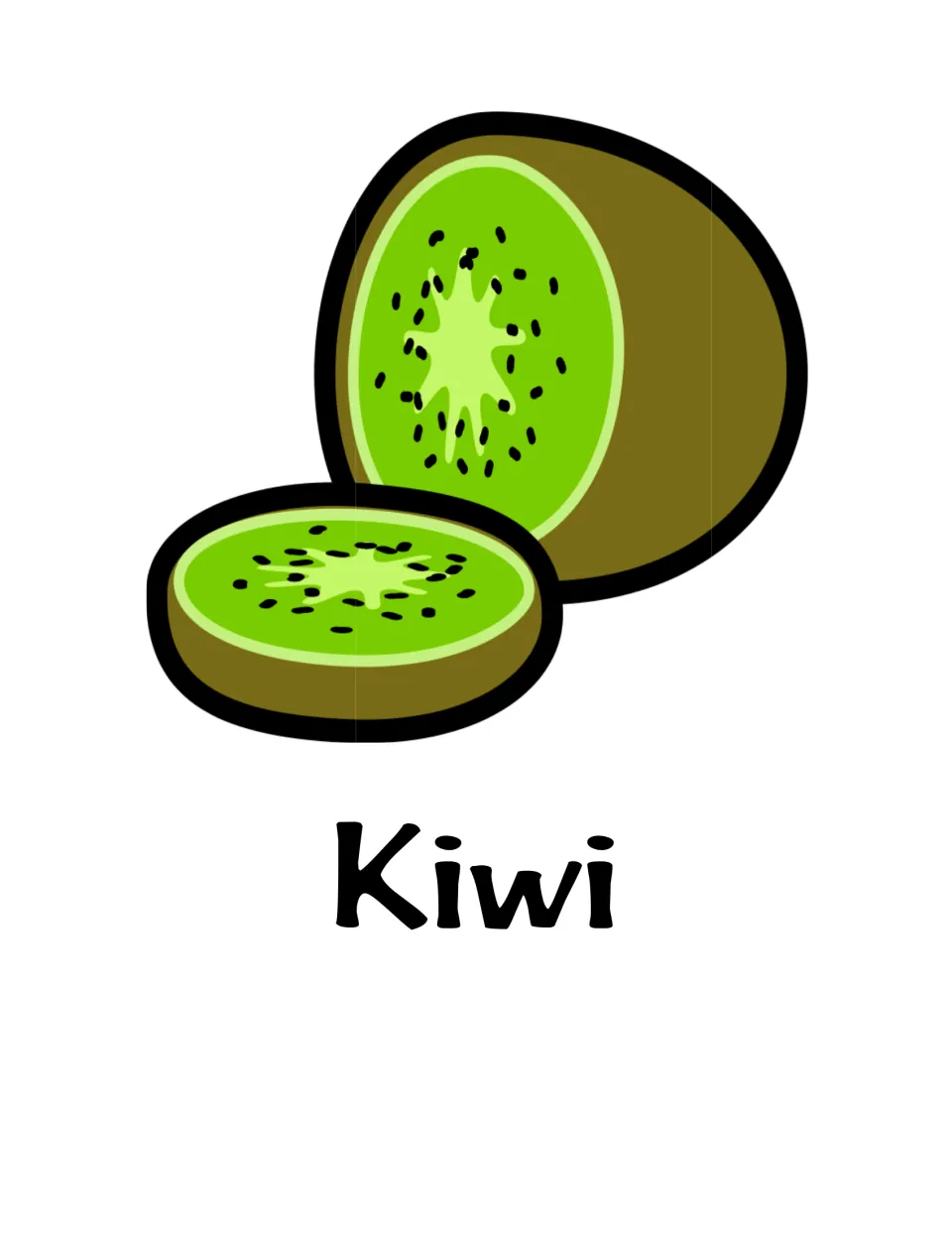 Kiwi flash card: a whole kiwi and a sliced kiwi showing green flesh and seeds above the word Kiwi