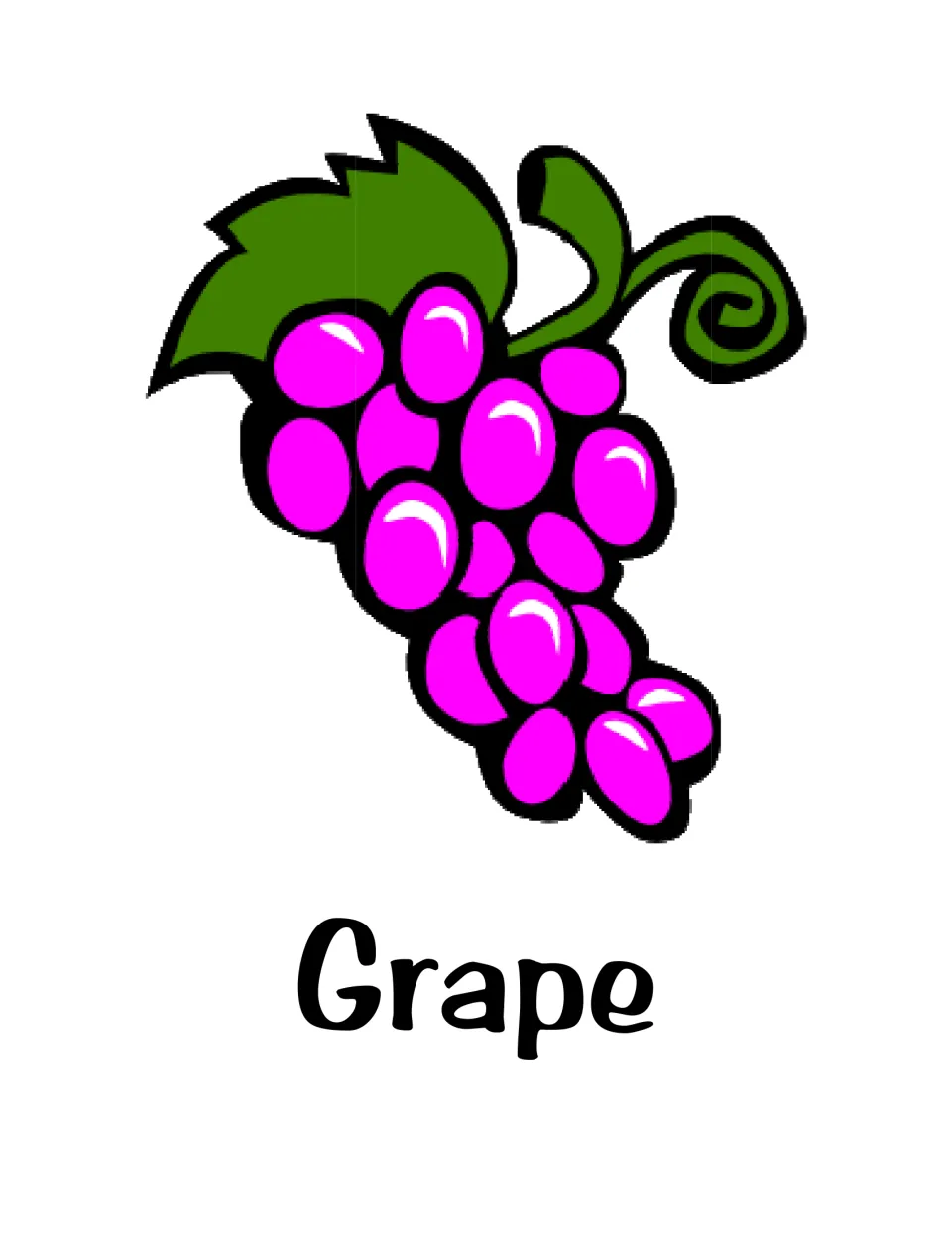 Grape flash card: a bunch of pink grapes with a green leaf and curling vine above the printed word Grape
