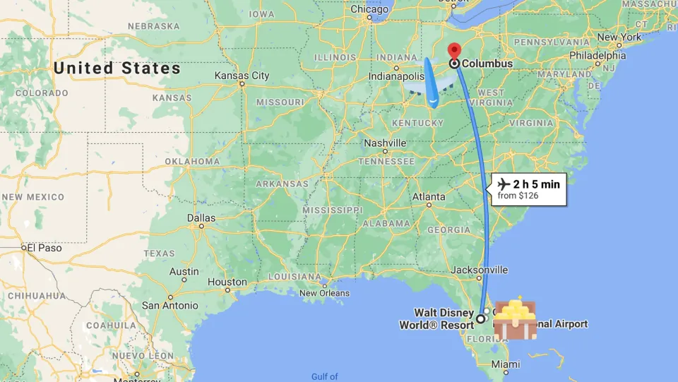 Travel map for the musical field trip shows a flight from Columbus to the Walt Disney World Resort area