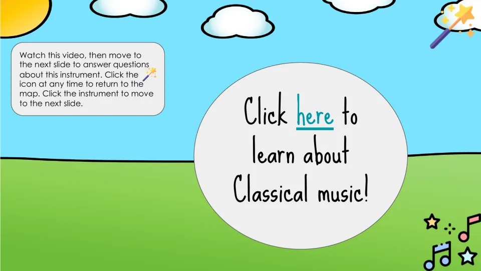 Classical music video introduction directs students to watch, then answer questions on the next slide