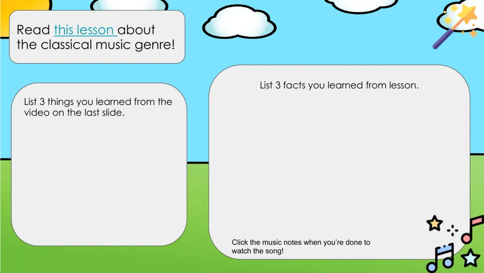 Classical music response slide asks for three things learned from the video and three facts from a lesson