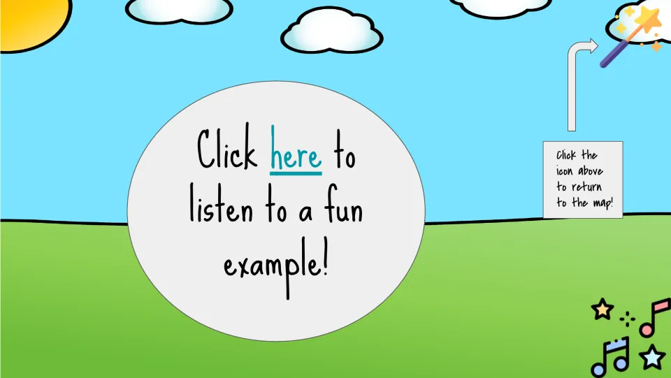 Classical music listening slide links to a fun example and directs students back to the field trip map