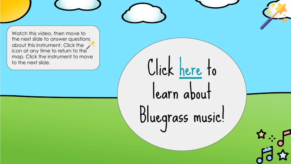 Bluegrass music video introduction directs students to watch, then answer questions on the next slide