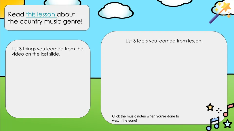 Country music response slide asks for three things learned from the video and three facts from a lesson