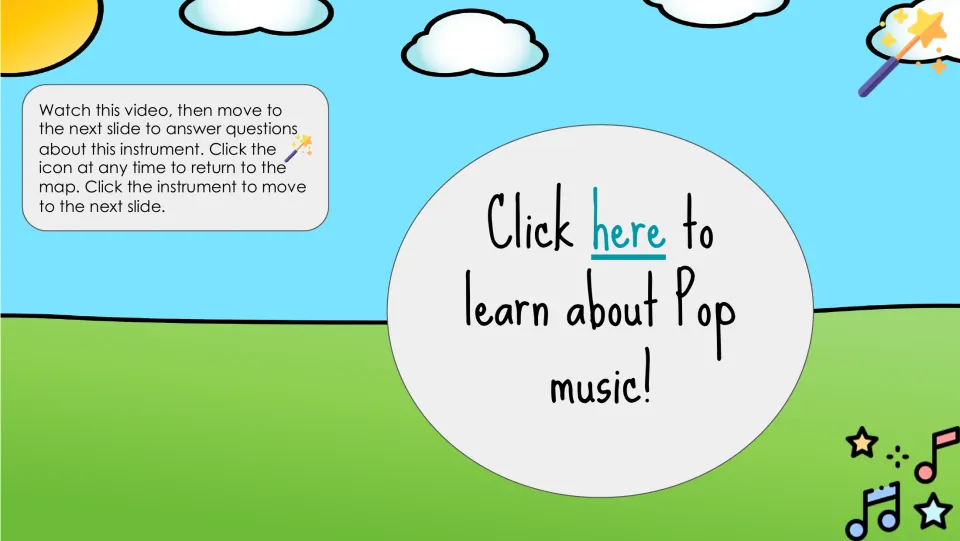 Pop music video introduction directs students to watch, then answer questions on the following slide