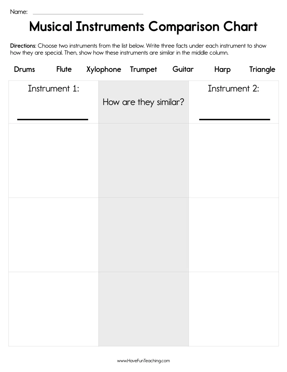 Comparing instruments: students pick two from drums, flute, harp and more, write three facts each, then how they're alike