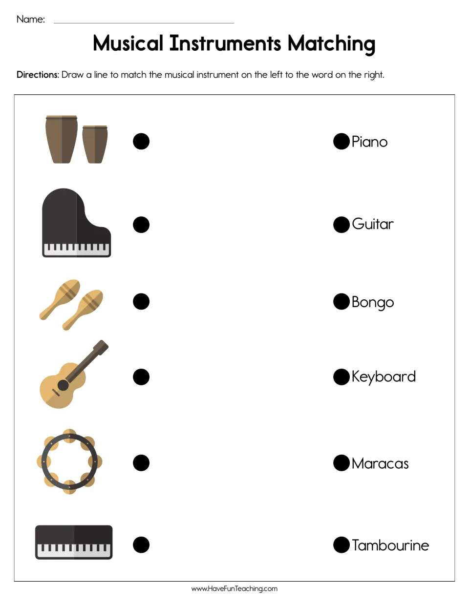 Musical instruments matching: students draw lines from bongo, piano, maracas, guitar, tambourine and keyboard to their names