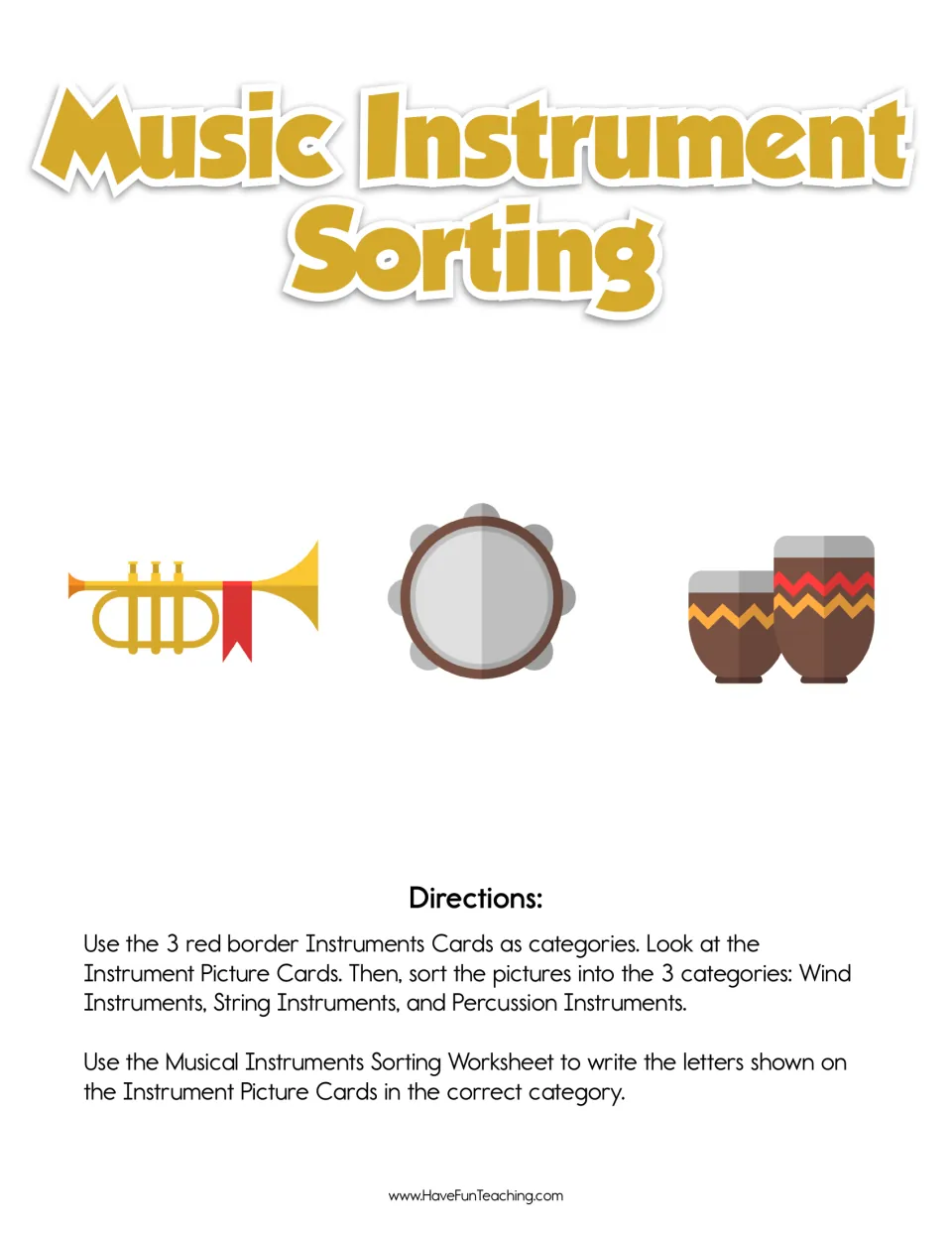 Music Instrument Sorting title page with trumpet, tambourine and bongos, plus directions for sorting into 3 groups