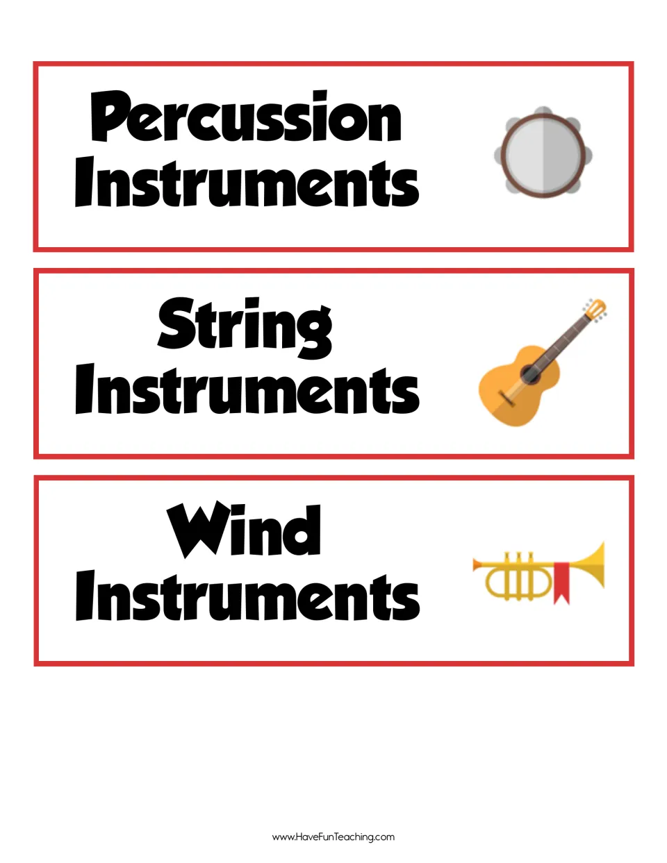 Category header cards for Percussion, String and Wind Instruments, each shown with a tambourine, guitar or trumpet icon