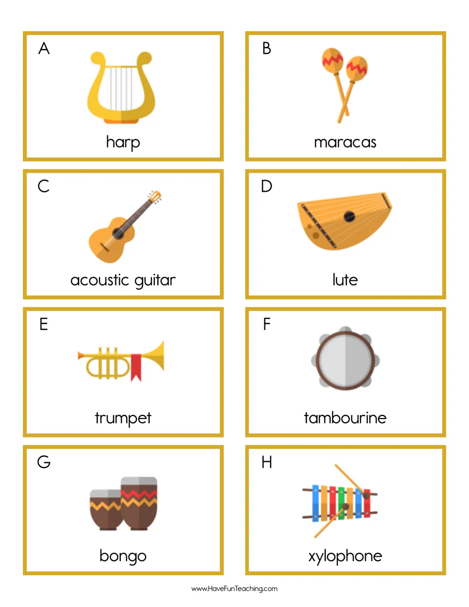 Instrument picture cards A to H: harp, maracas, acoustic guitar, lute, trumpet, tambourine, bongo and xylophone to sort