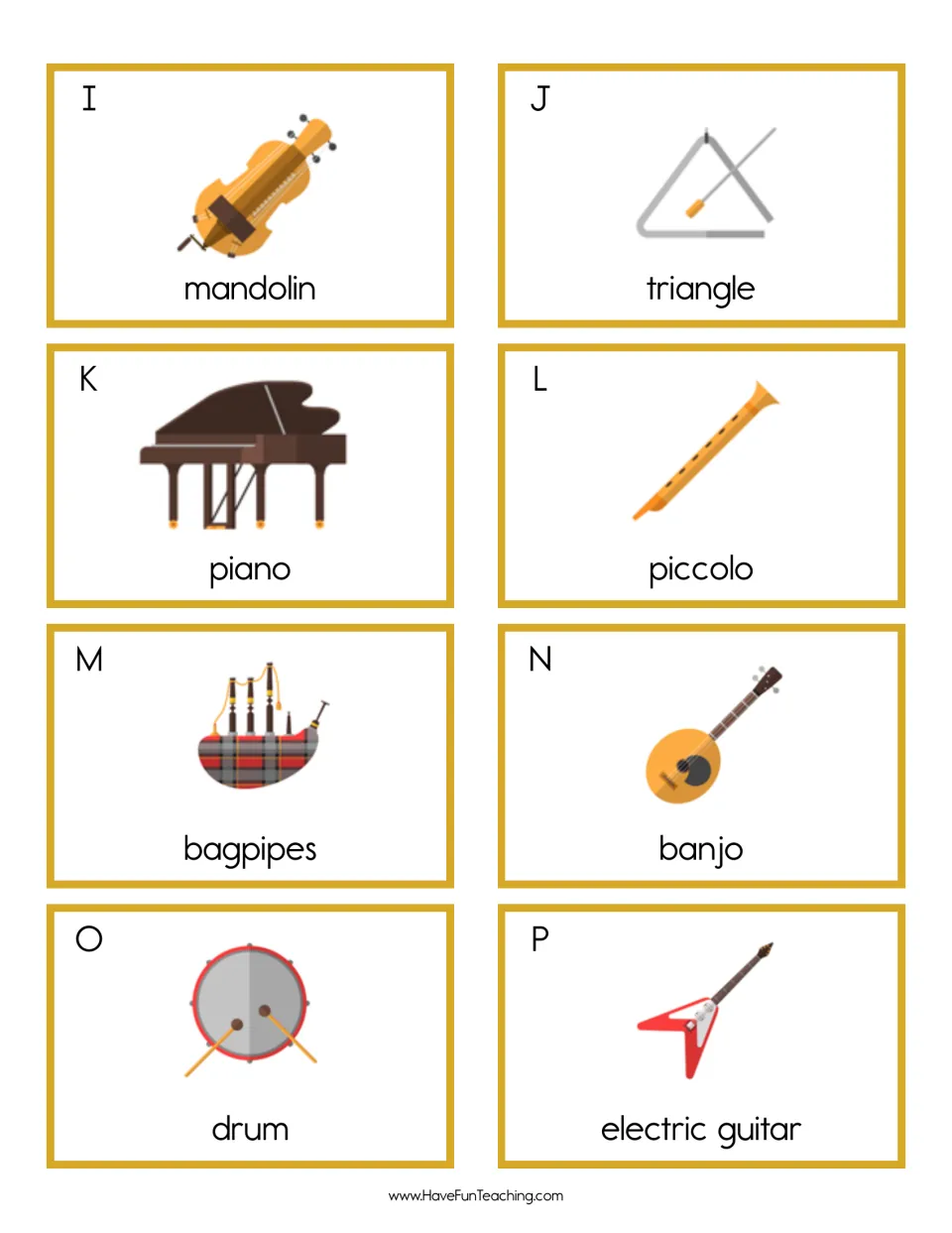Instrument picture cards I to P: mandolin, triangle, piano, piccolo, bagpipes, banjo, drum and electric guitar to sort