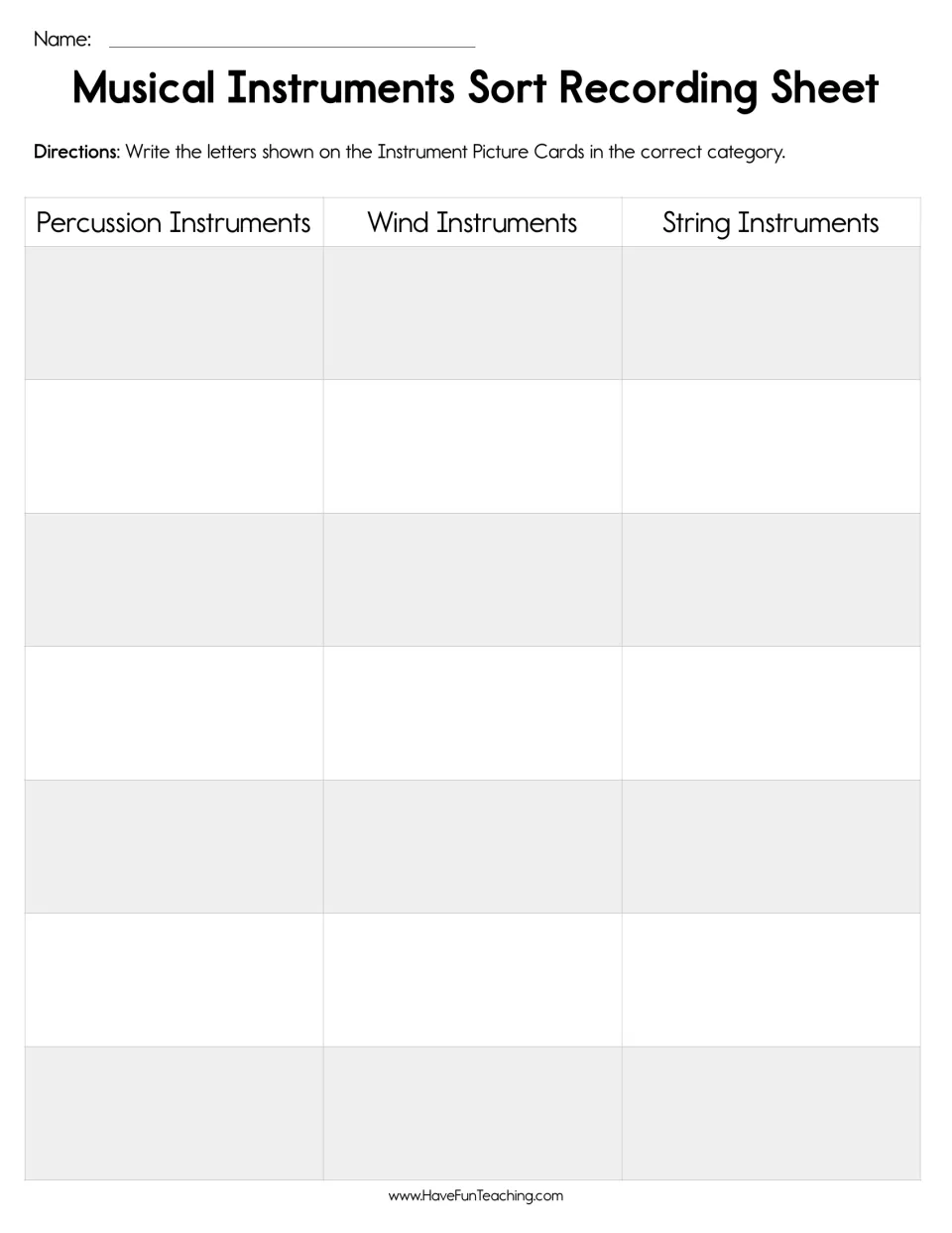 Musical Instruments Sort Recording Sheet: students write each picture card letter under Percussion, Wind or String