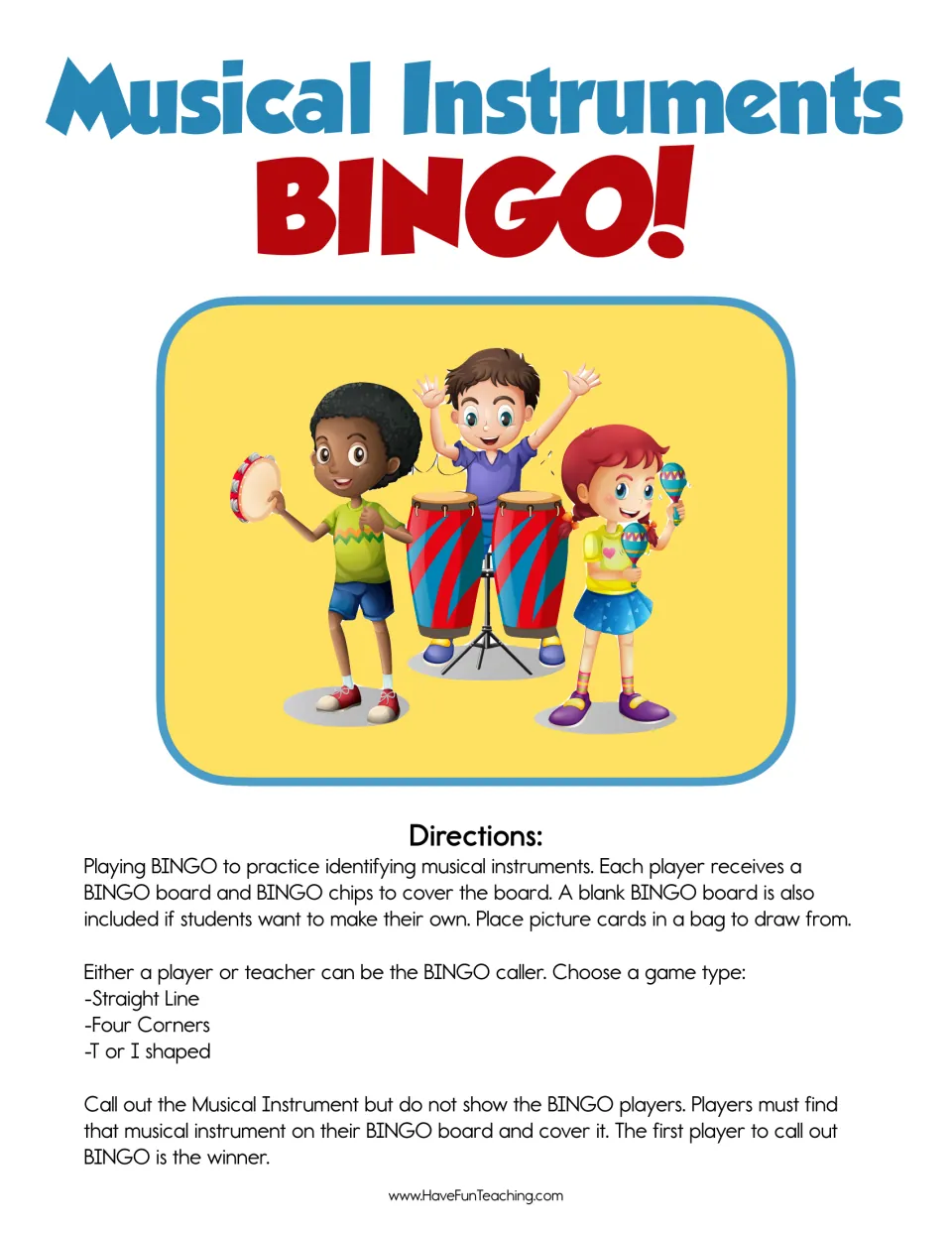 Musical Instruments BINGO cover: children play tambourine, drums and maracas above directions for three game types