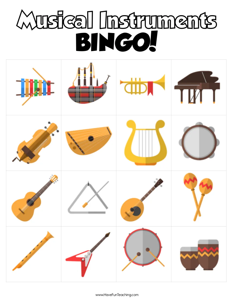 Instrument picture board 1: players cover 16 pictures to identify instruments; top row xylophone, bagpipes, trumpet, piano