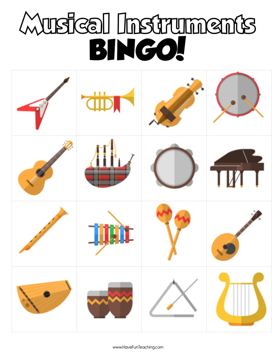 Game board 2 for identifying instruments by picture, starting with electric guitar, trumpet, mandolin and drum in row one