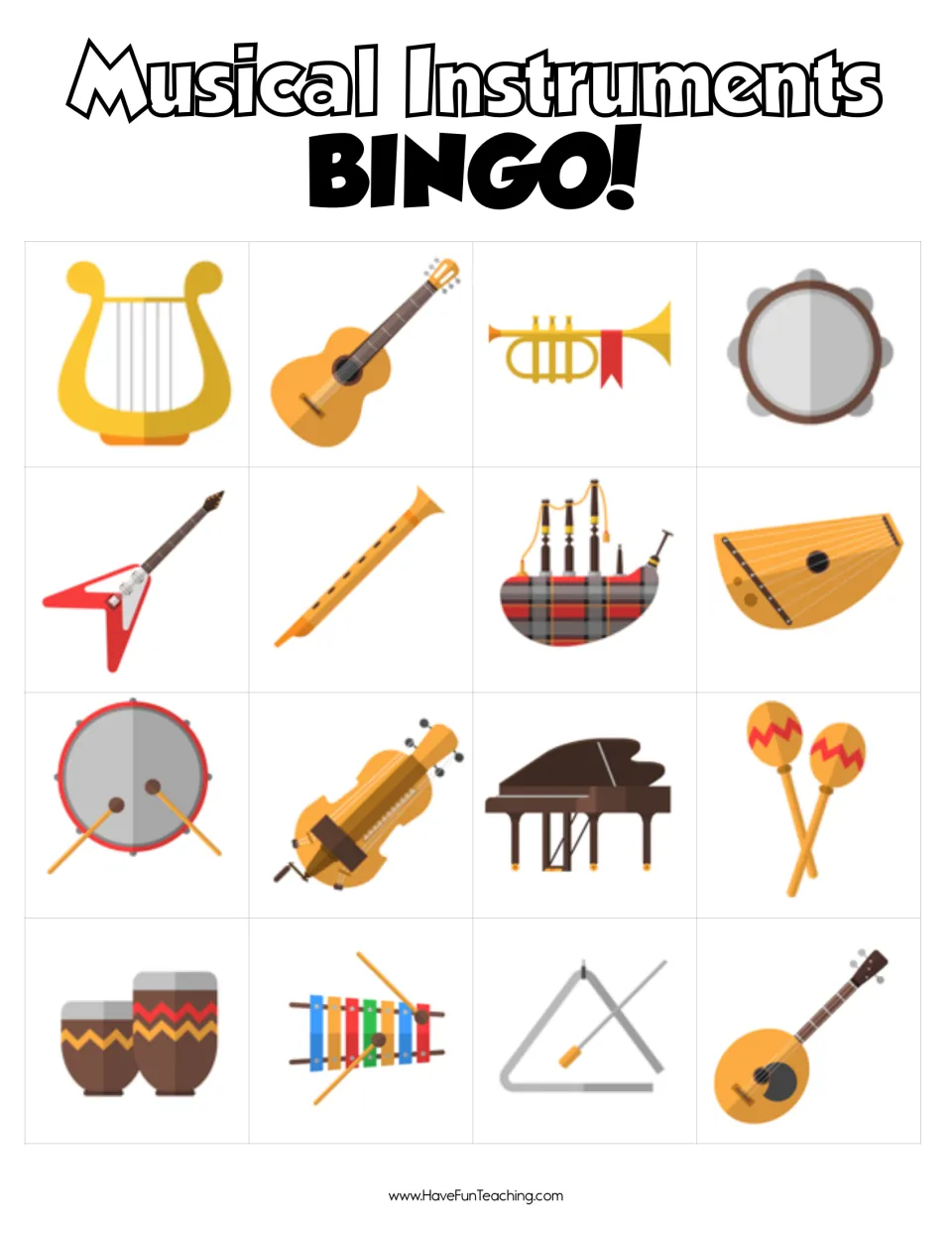 Board 3: 16 instrument pictures to find and cover as names are called; top row harp, guitar, trumpet, tambourine