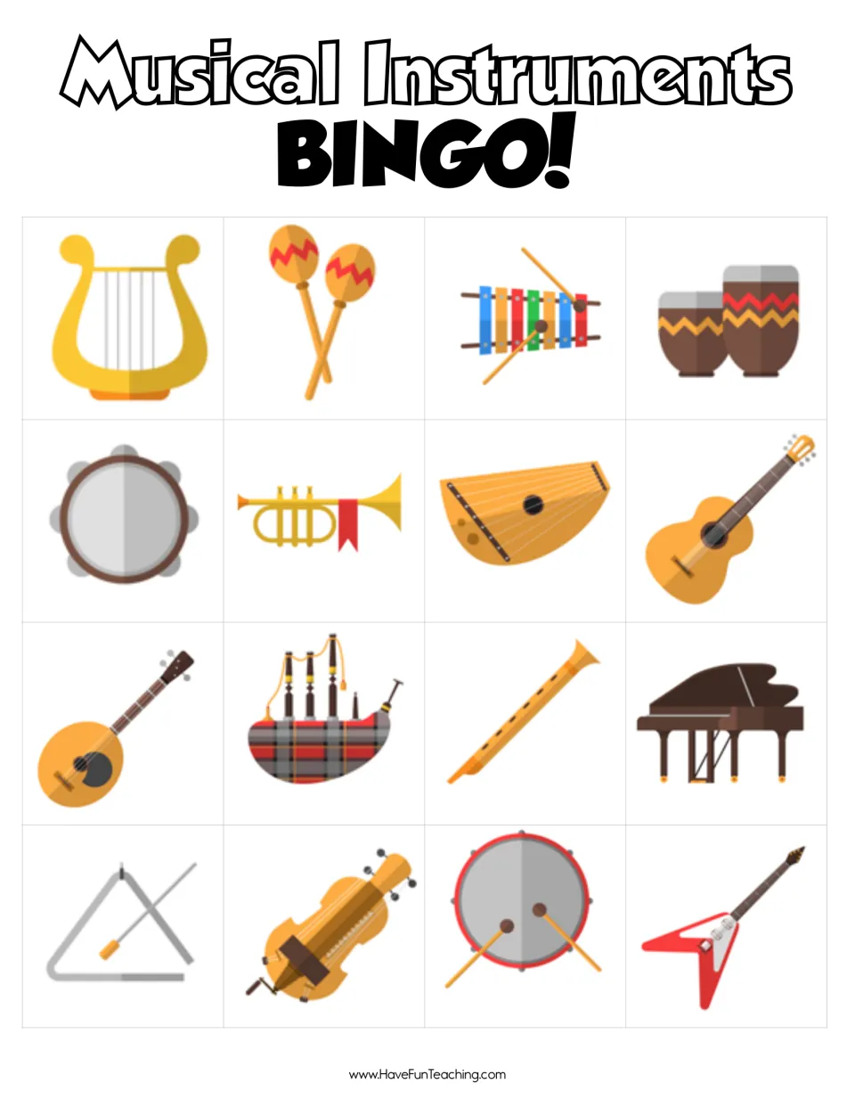 Picture board 4 for naming musical instruments; row one shows harp, maracas, xylophone and bongos to cover when called