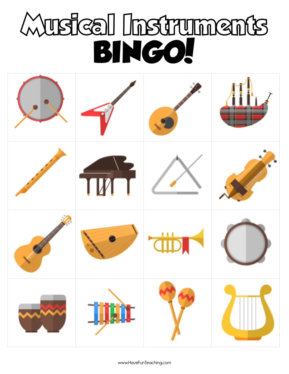 Fifth board for instrument recognition: 16 pictures to cover, beginning with drum, electric guitar, banjo and bagpipes