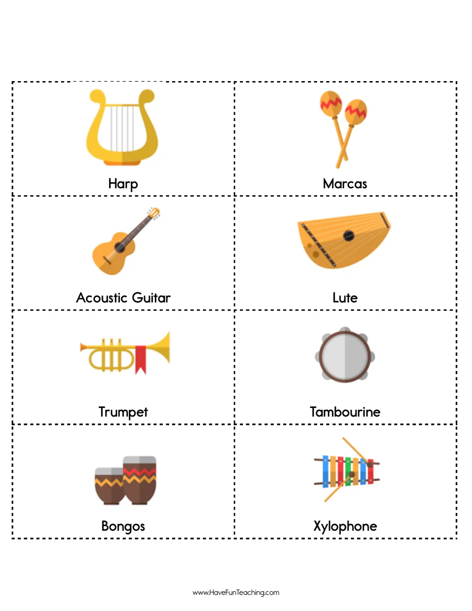Caller cards to cut apart: harp, maracas, acoustic guitar, lute, trumpet, tambourine, bongos and xylophone, each labeled
