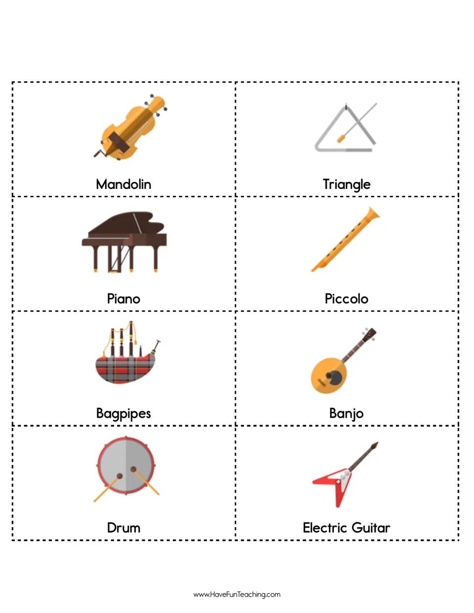 More caller cards naming mandolin, triangle, piano, piccolo, bagpipes, banjo, drum and electric guitar with pictures