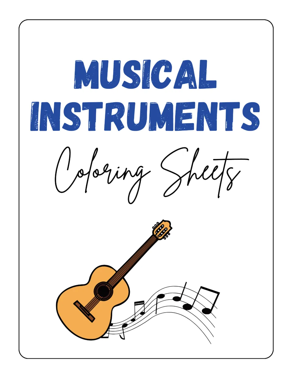Cover of the musical instrument coloring pack titled 'Musical Instruments Coloring Sheets,' with a guitar