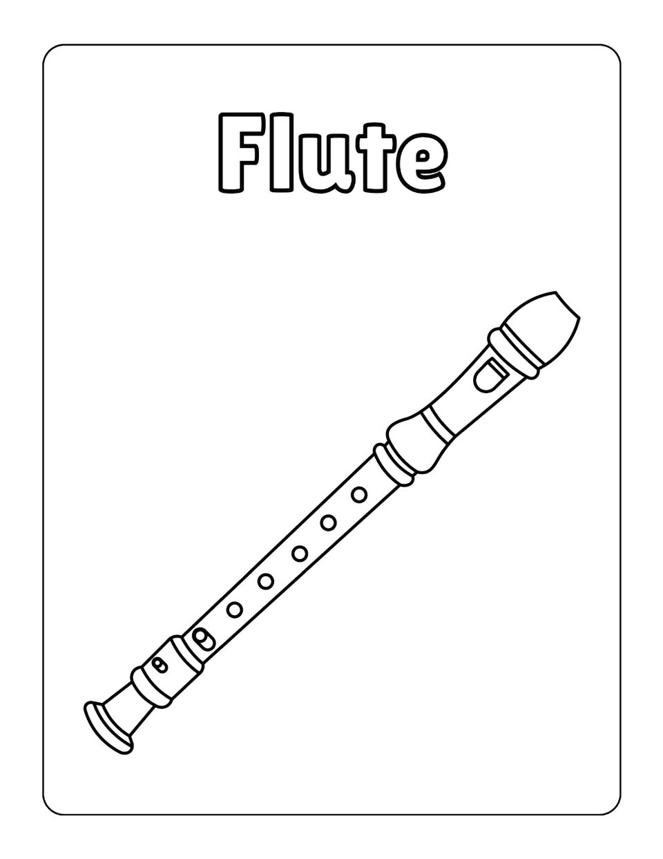 Instrument coloring sheet labeled 'Flute,' featuring a recorder-shaped instrument and a name to color