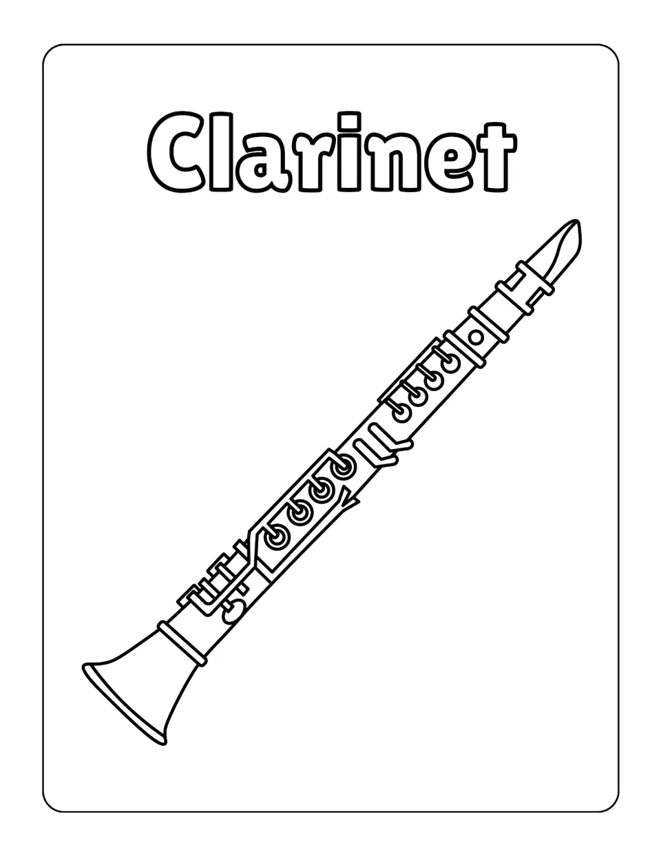 Clarinet coloring sheet in the instrument pack, featuring the instrument's mouthpiece, keys, and flared bell