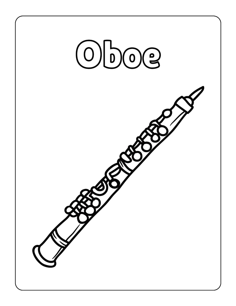 Oboe coloring sheet in the instrument pack, featuring a long keyed instrument beneath its name to color