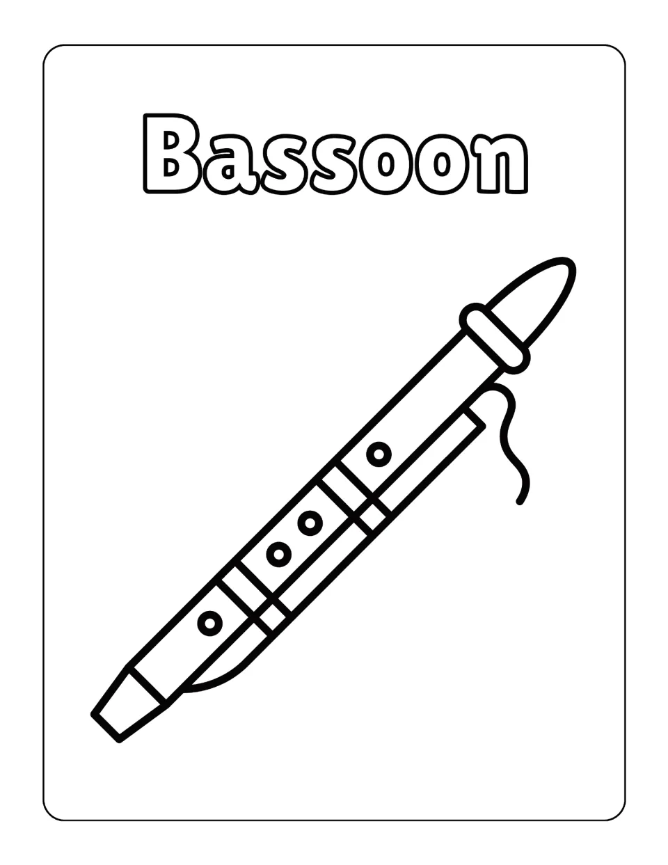Bassoon coloring sheet in the instrument pack, featuring a simplified instrument drawing and its name