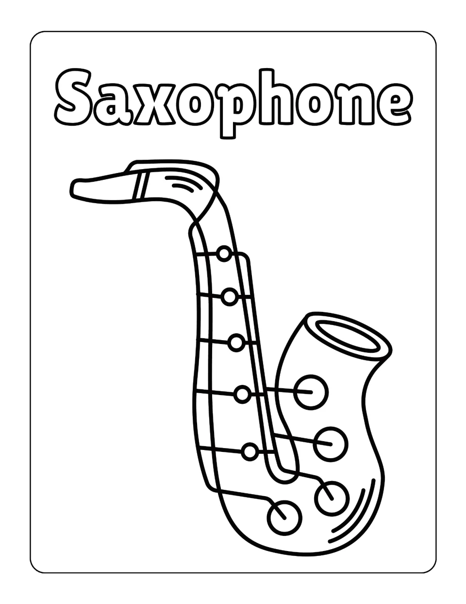 Saxophone coloring sheet in the instrument pack, featuring its curved body, keys, mouthpiece, and bell